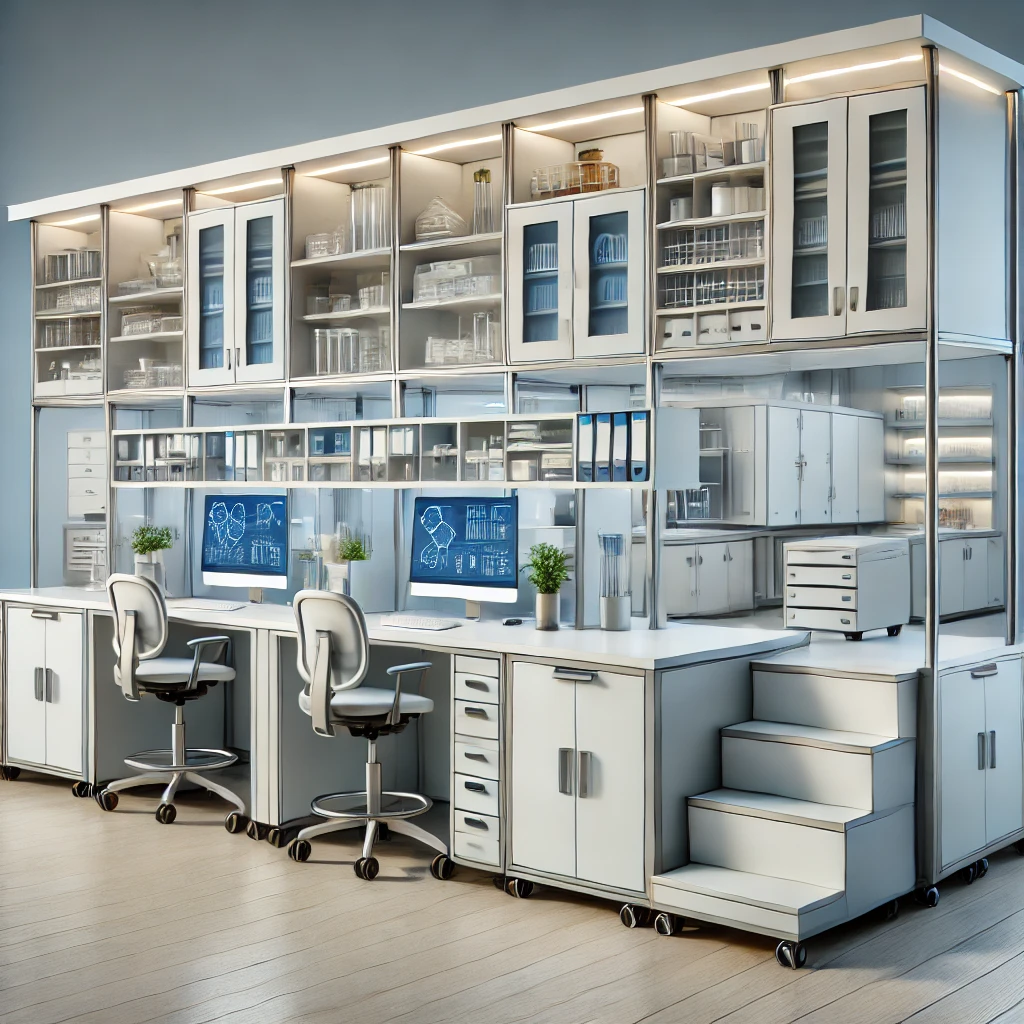 Modern laboratory with modular workstations and movable storage units.