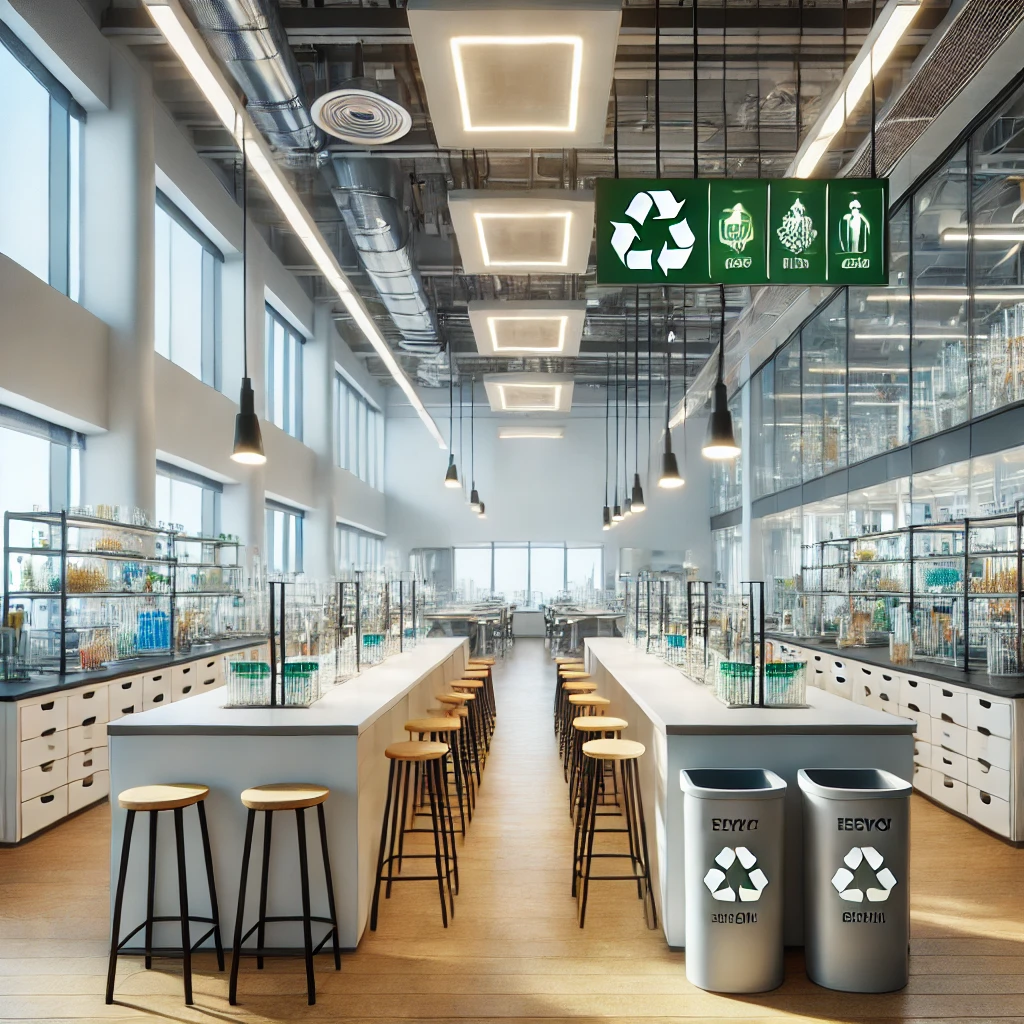 Energy-efficient laboratory with natural lighting and recycled materials.