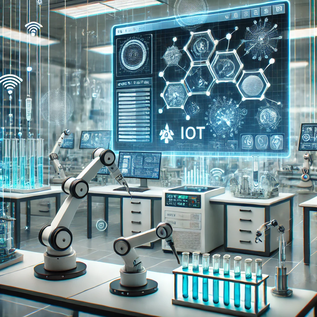 Technologically advanced laboratory with IoT devices and robotic arms.