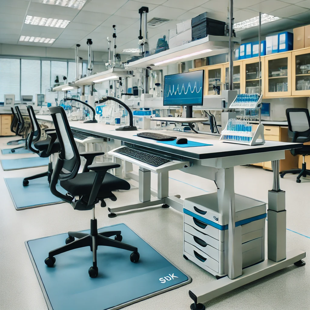 Ergonomic laboratory workstation with adjustable benches and anti-fatigue mats.