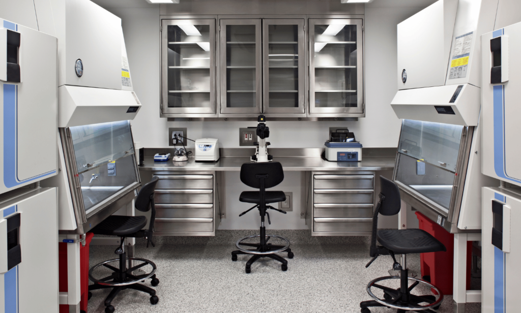 Laboratory furniture setup with steel cabinets