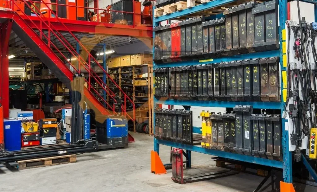 Warehouse with organized battery storage